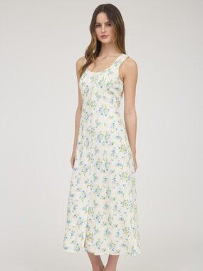Sleeveless White Floral Midi Dress with Blue Accents